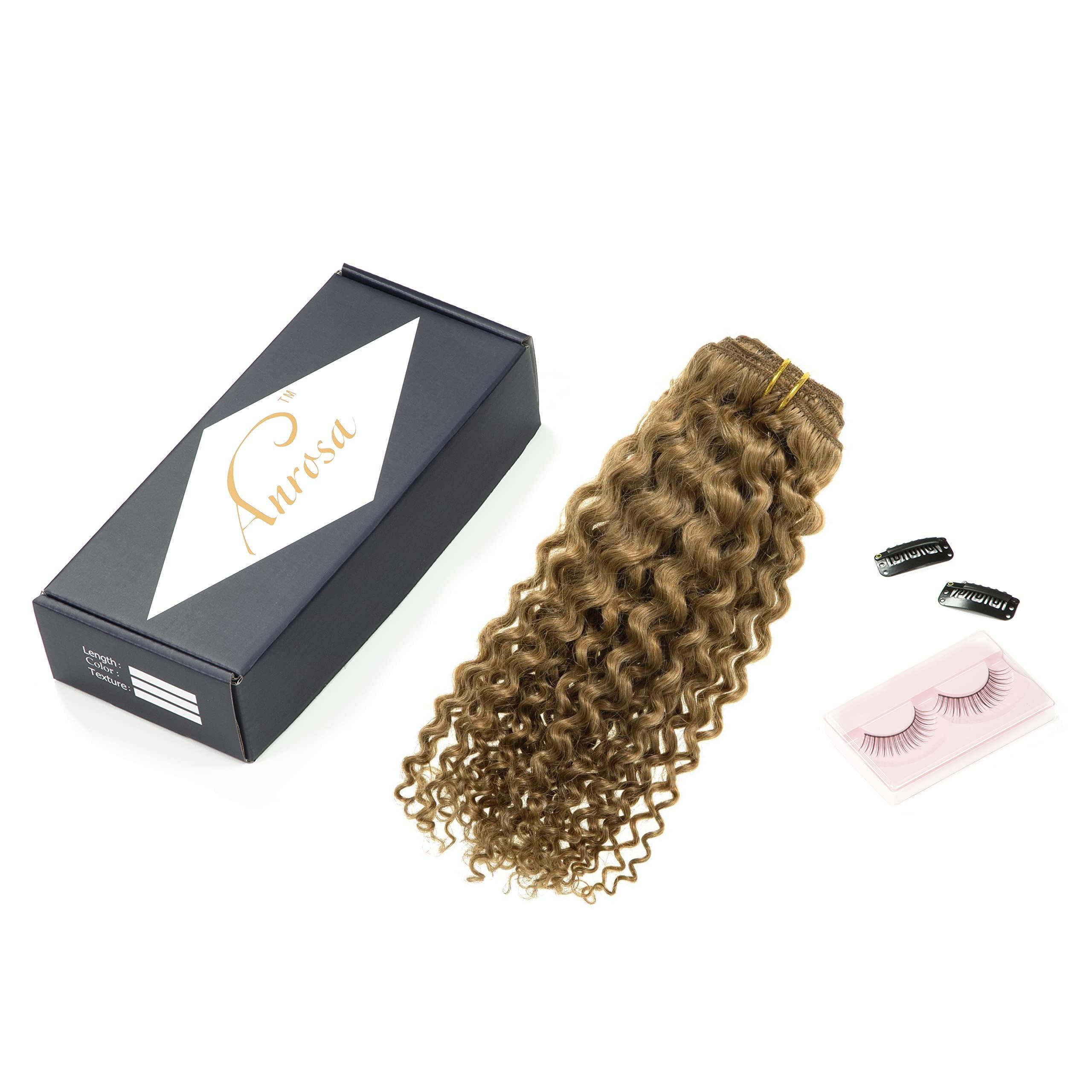 Anrosa Anrosa Clip in Human Hair Extensions Jerry Curly Full Head 3B 3C Curly Clip In Hair Extensions Strawberry Blonde Remy Human Hair Curly Hair Extensions for Black Women 18 Inch 120g 7 Pieces