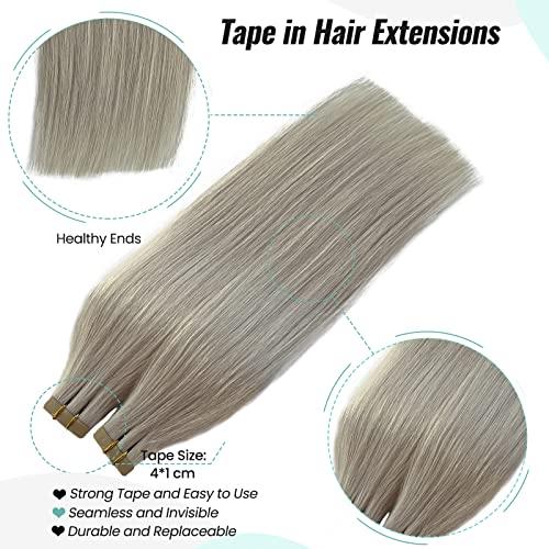 Licoville Ice Blonde Tape in Extensions 100% Real Remy Human Hair 18 Inch 50grams 20pcs Double Sided Invisible Tape in Icy Blonde Hair Extensions Silky Straight Can be Curled