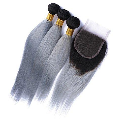 Tony beauty hair Tony Beauty Hair 8A Ombre Silver Grey Silky Straight With Closure 3 Bundles 100% Brazilian Virgin Human Hair #1B/Grey Dark Root Ombre And Freestyle Lace Closure(20" 20" 22" With 18")
