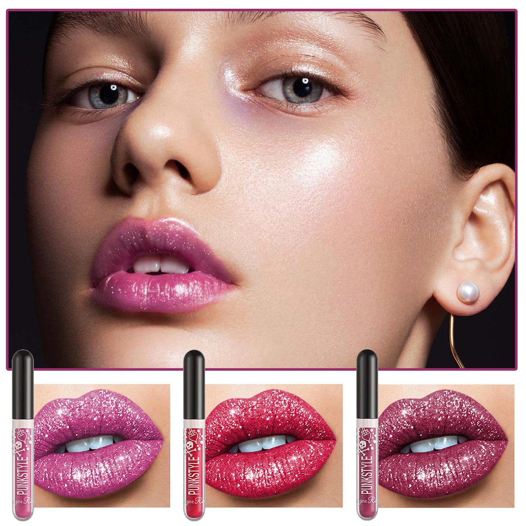 NVLEPTAP NVLEPTAP 3PCS Liquid Glitter Lipstick Glitter Lip Gloss Set,Diamond Shimmer Matte Lipstick Set Long Lasting High Pigment Glitter Lip Stick Kit Lip Gloss Set Halloween Makeup Gift - Set C