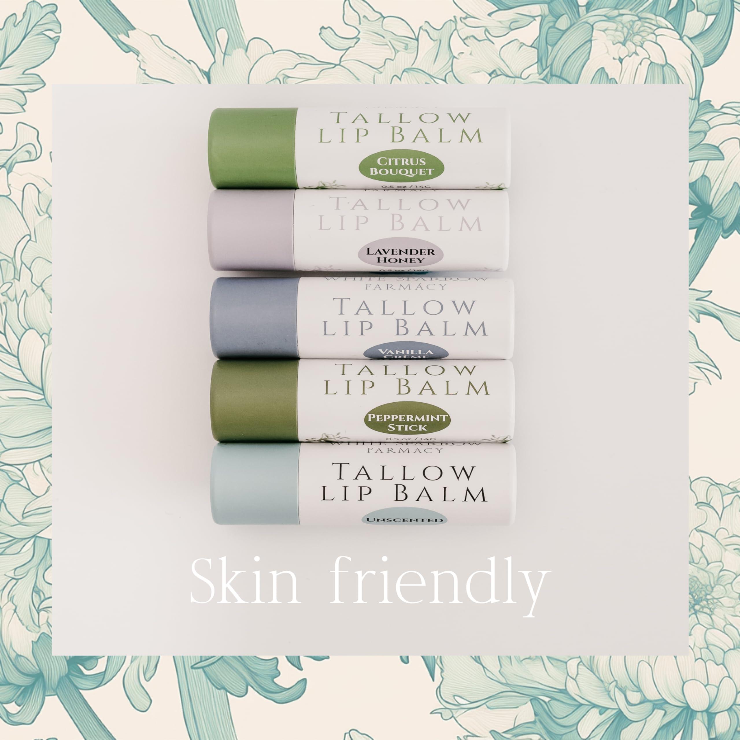 White Sparrow Farmacy Organic Tallow Lip Balm (Peppermint) from Grass Fed Cows. Super hydrating with Tallow, Olive Oil, Honey, and Beeswax. Sustainable Cardboard Tubes & Hand Filled. Jumbo Size 0.5 oz.