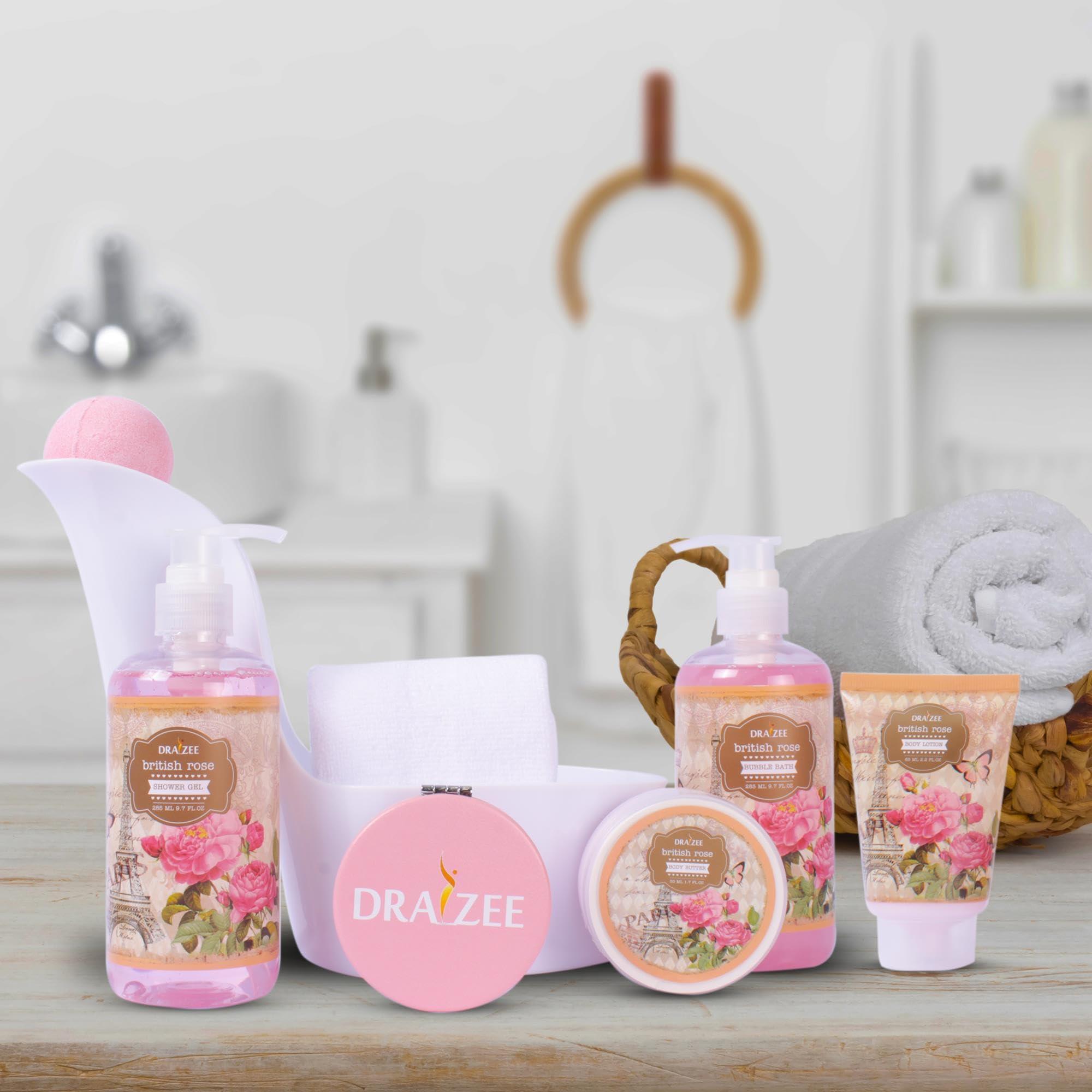 Draizee Spa Gift Basket For Women - Luxury British Rose Scented Bath and Body Set of 8-Pcs Heel Shoe Spa Basket with Body Lotion, Butter, Shower Gel, Bubble Bath & More - Gift for Her, Mom by Draizee