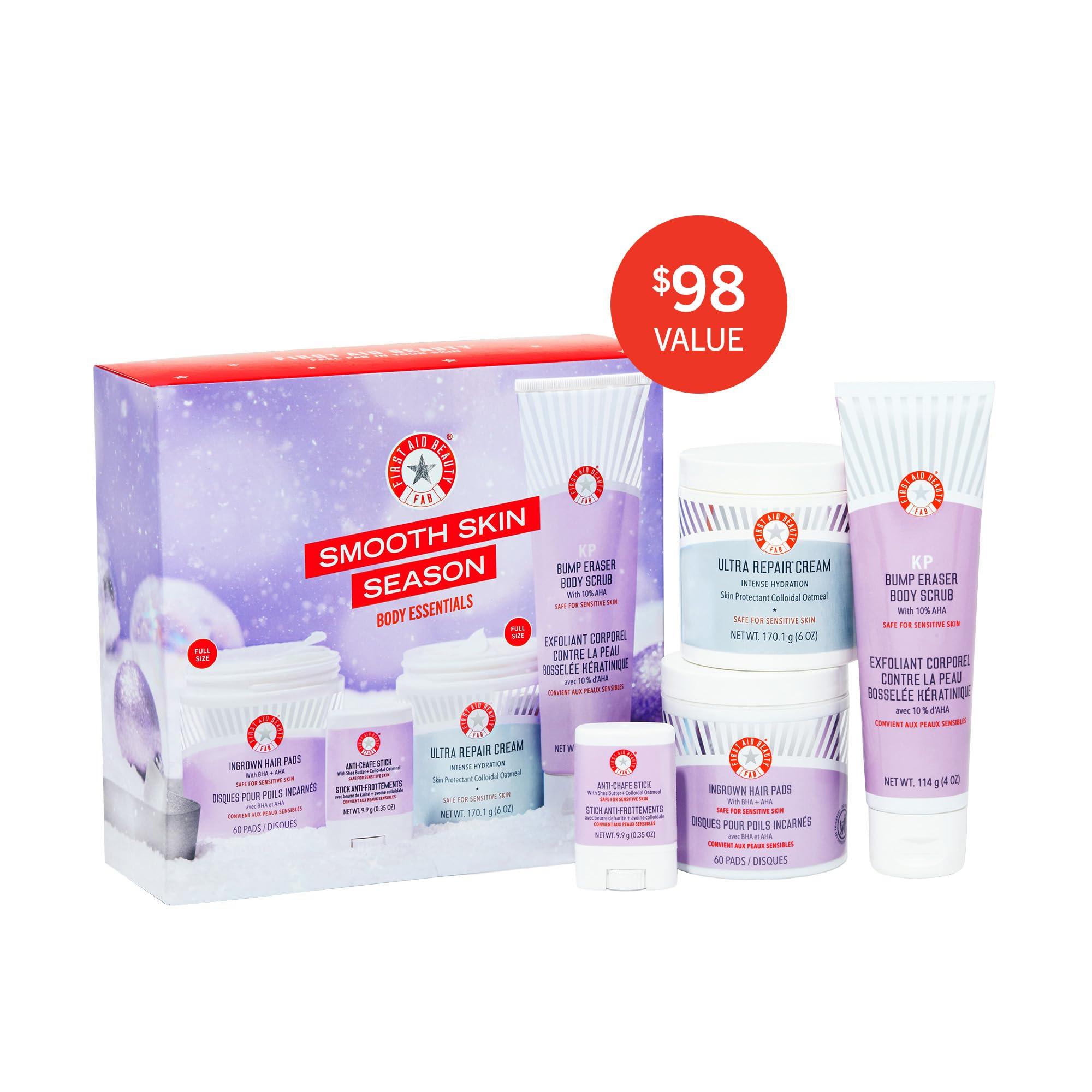 First Aid Beauty First Aid Beauty - Smooth Skin Season: KP Bump Eraser Body Scrub, 4oz, Ultra Repair Cream, 6oz, Anti-Chafe Stick, 0.35oz, Ingrown Hair Pads, 60 Pads, Deep Hydration & Exfoliating Body Essentials, 4ct