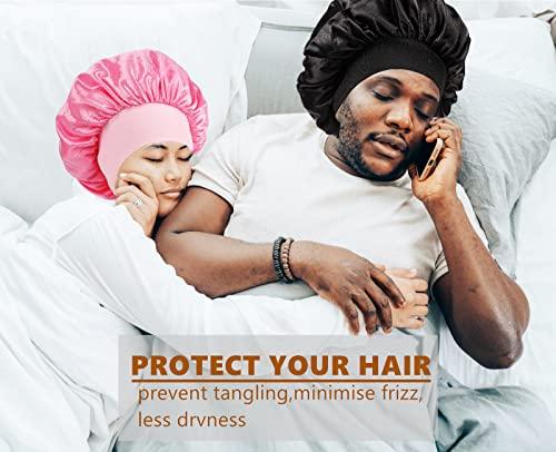 Himoswis 4 PCS Silk Bonnet for Men Sleeping,Silk Sleep Cap for Curly Hair Men,Hair Bonnet Men Sleep,Matching Bonnets and Silk Durag for Men Set-Black,Pink