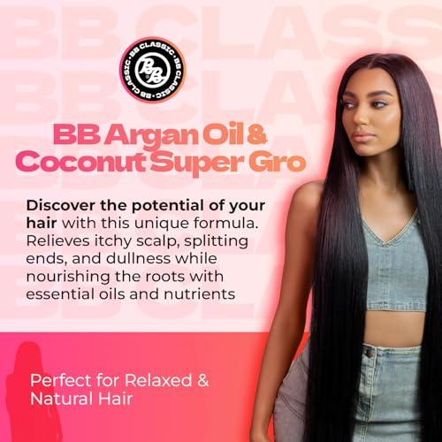 BB Bronner Bros BB Argan Oil & Coconut Super Gro - Hair Gel for Dry Itchy Scalp Treatment, Moisturizer, Reduces Dryness & Split-Ends - Made with Vitamin A, E, D, Sage, Argan Oil & Coconut Oil - 6 oz