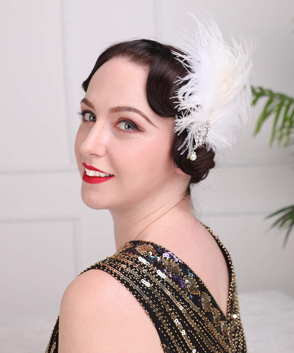 Aimimier Aimimier 1920s Flapper White Feather Headpiece Crystal Pendant Hair Clip Roaring 20s Feather Accessories Masquerade Hair Jewelry for Women