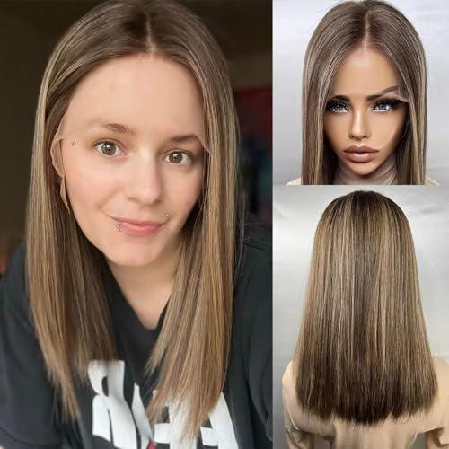 oulaer Straight Wig Human Hair Lace Front Wig HD Rooted Brunette Blonde Highlights Ombre Human Hair Wig 13X6 Lace Front Wig #4/27 Color Wig Pre Plucked for Women Natural Hairline Wig 150% Density 14Inch