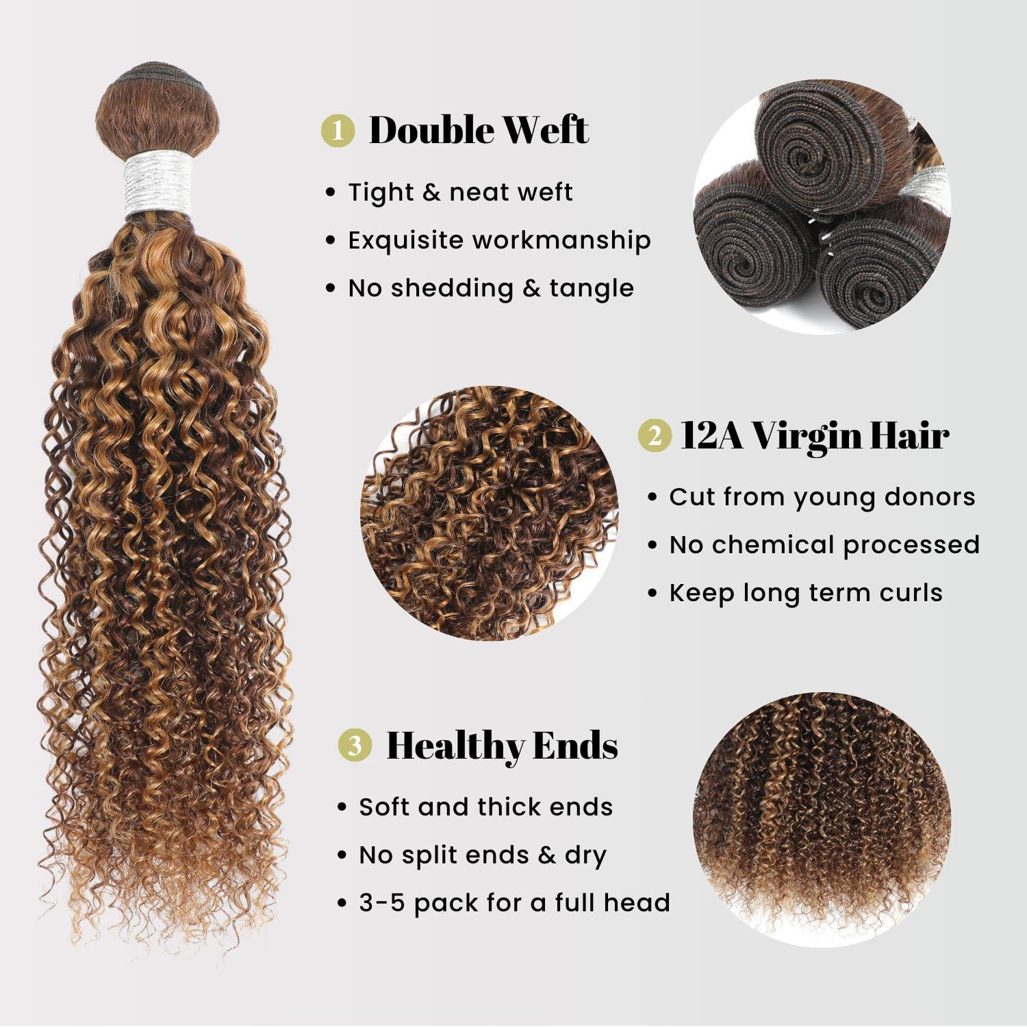 AUROO AUROO Honey Blonde Highlight Tight Kinky Curly Human Hair Single Bundles, 10A Burmese Curly Weave Bundles Human Hair 100% Virgin Remy Bundle Ombre #P4/27 Colored Kinky Curly Thick Tracks Sew in 16 In