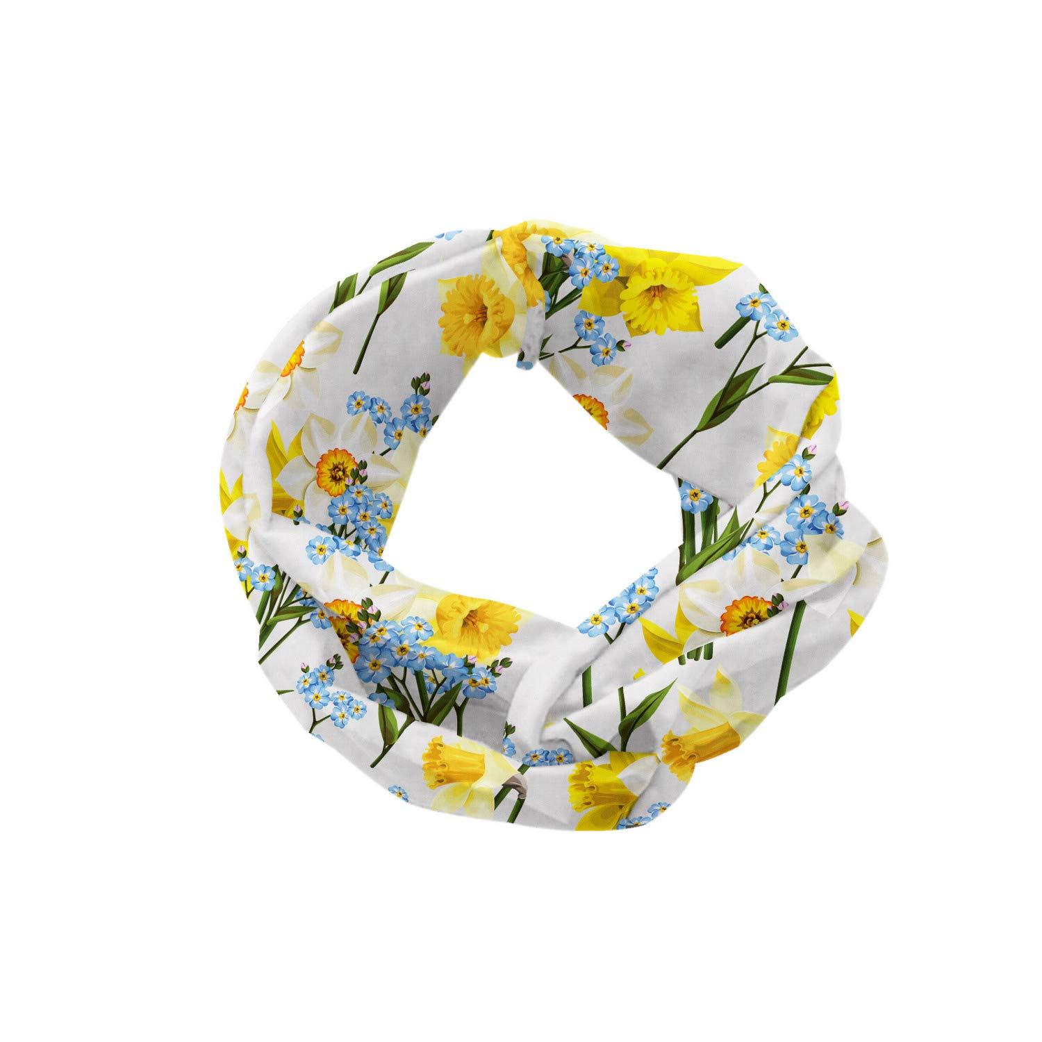 Lunarable Lunarable Daffodils Headband for Women, Forget Me Not Flowers and Daffodil Blossom Leaf Bouquet Spring Garden, Elastic Comfy Hair Accessory Knotted Head Wrap Everyday Use, XS-S, Yellow Blue Green