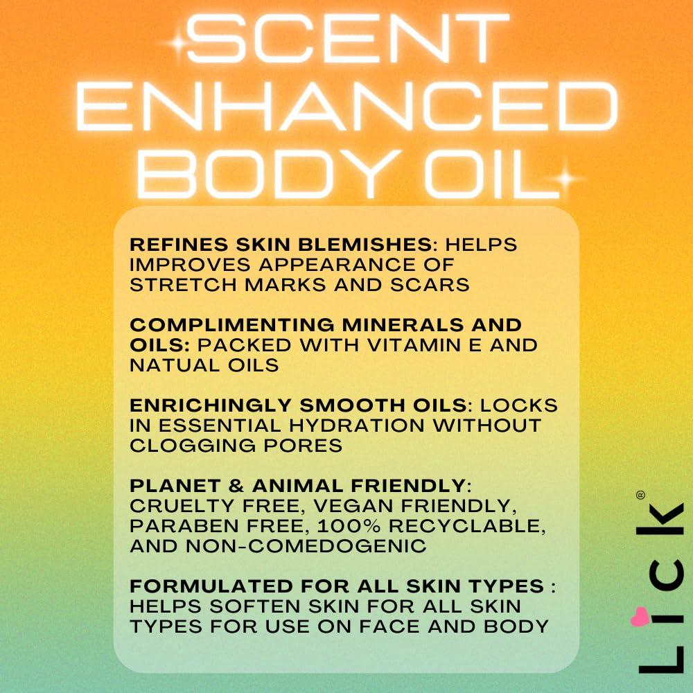 LICK LICK Peach Scented Body Oil - Luxurious Hydrating Oil for Radiant Skin, Enriched with Natural Castor, Almond, Jojoba Oils, Vitamin E. Ideal for Massage, Daily Care 4 fl oz.