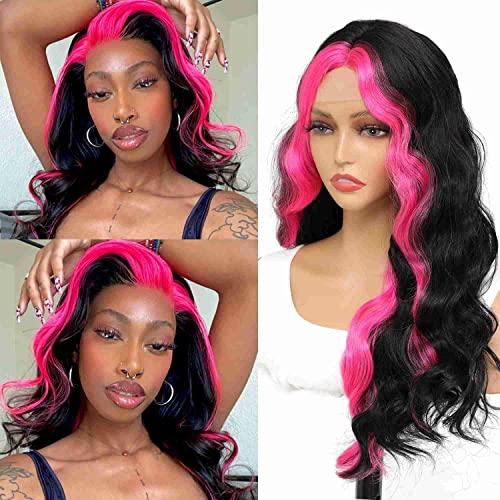 Aigemei Pink Skunk Stripe Wavy Wigs 22inch Highlight Synthetic Hair Lace Wig Ombre Hair Wigs for Black Women Middle Part Fake Scalp Long Wavy Wig