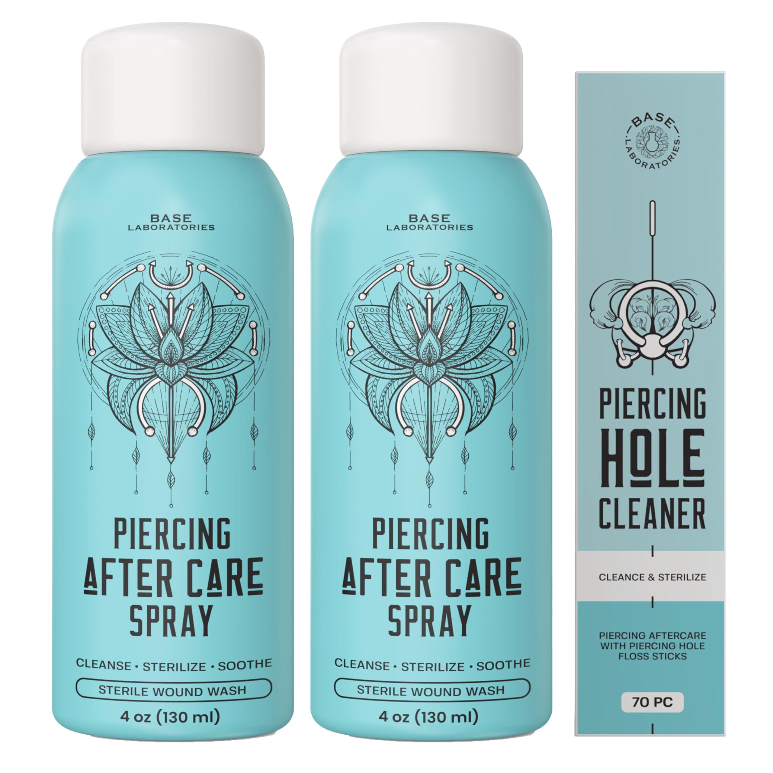 BASE LABORATORIES BASE LABORATORIES Piercing Aftercare Spray 4oz | Saline Spray for Piercings | Ear Piercing Cleaner | Saline Solution for Piercings | Keloid Bump Removal for Ears, Belly Nose Piercings - 2PK
