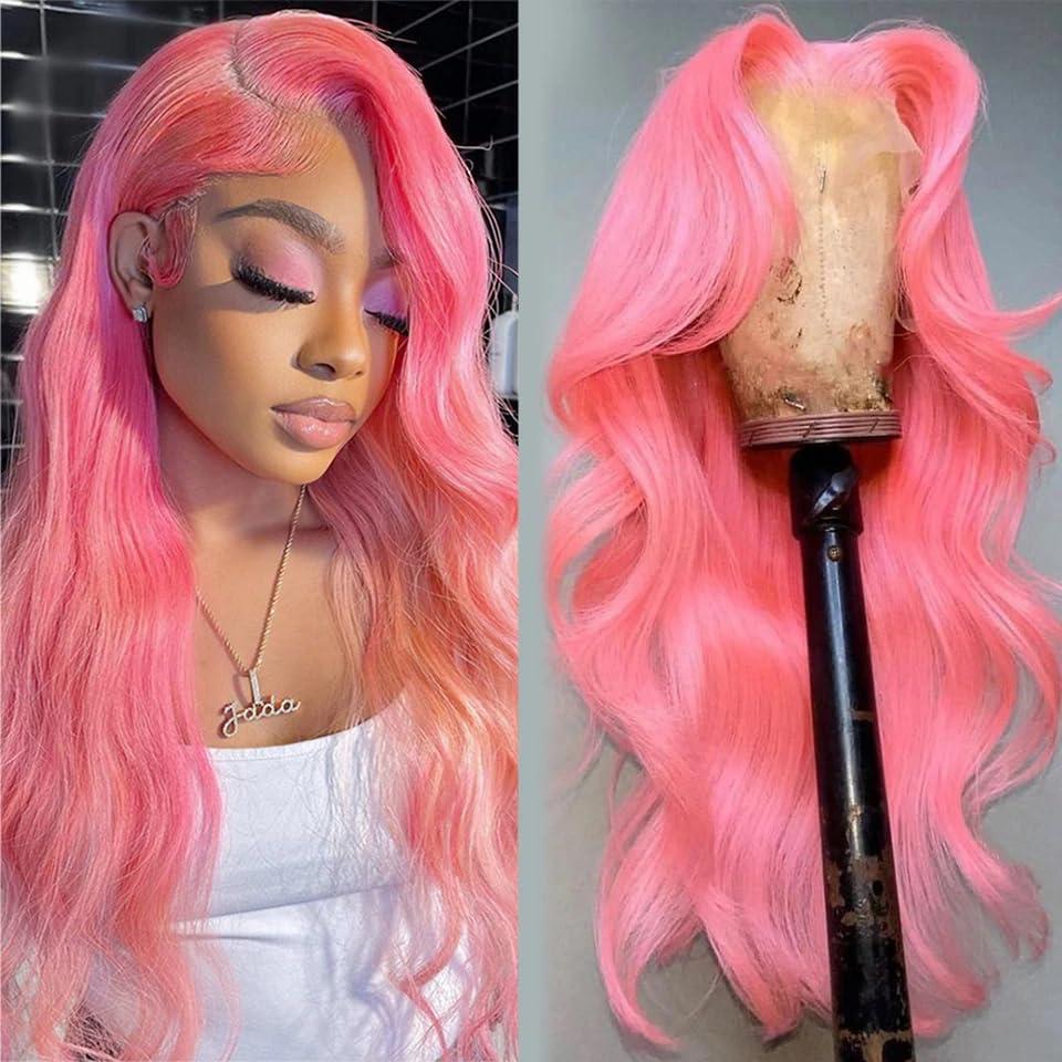 Mscathy Mscathy Pink Body Wave Lace Front Wigs Human Hair Pre Plucked 150 Density Pink Human Hair 134 Lace Front Wigs for Women(26 Inch, Pink)