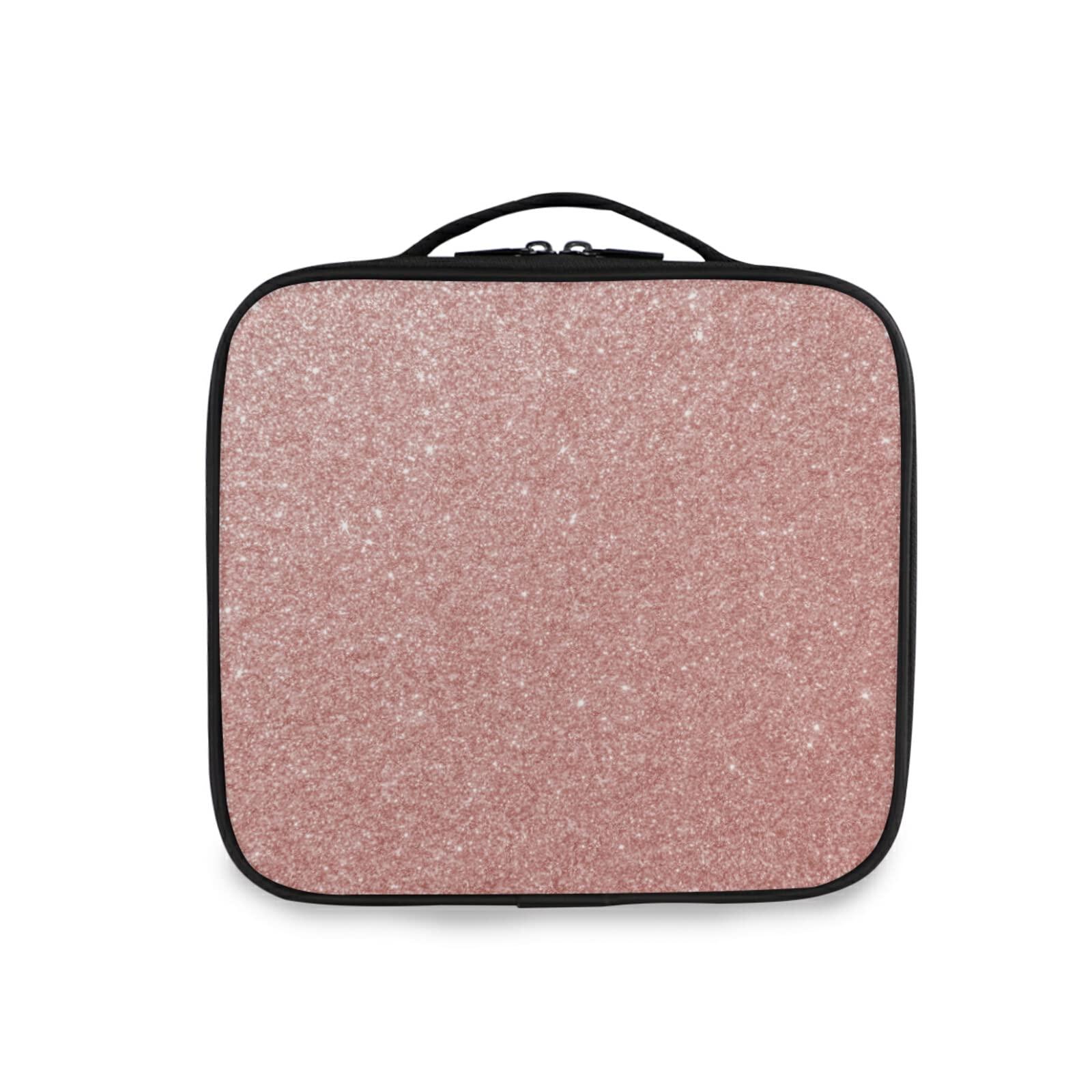 Oyihfvs Rose Gold Glitter Texture Pink Red Sparkling Shiny Background Women\'s Portable Makeup Bags with Handle, Adjustable Dividers, Travel Cosmetic Toiletry Accessories Storage Organizer for Girls