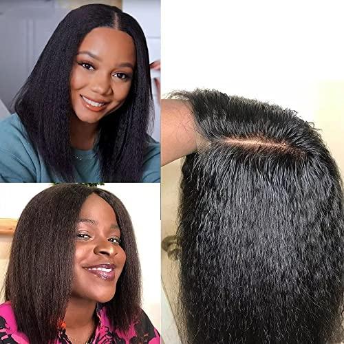 oulaer Brazilain Kinky Straight Human Hair Wigs For Black Women 13x6 Yaki Straight HD Transparent Lace Front Human Hair Wig Glueless Natural Hairline Pre Plucked Short Bob Wig 150% Density 8Inch