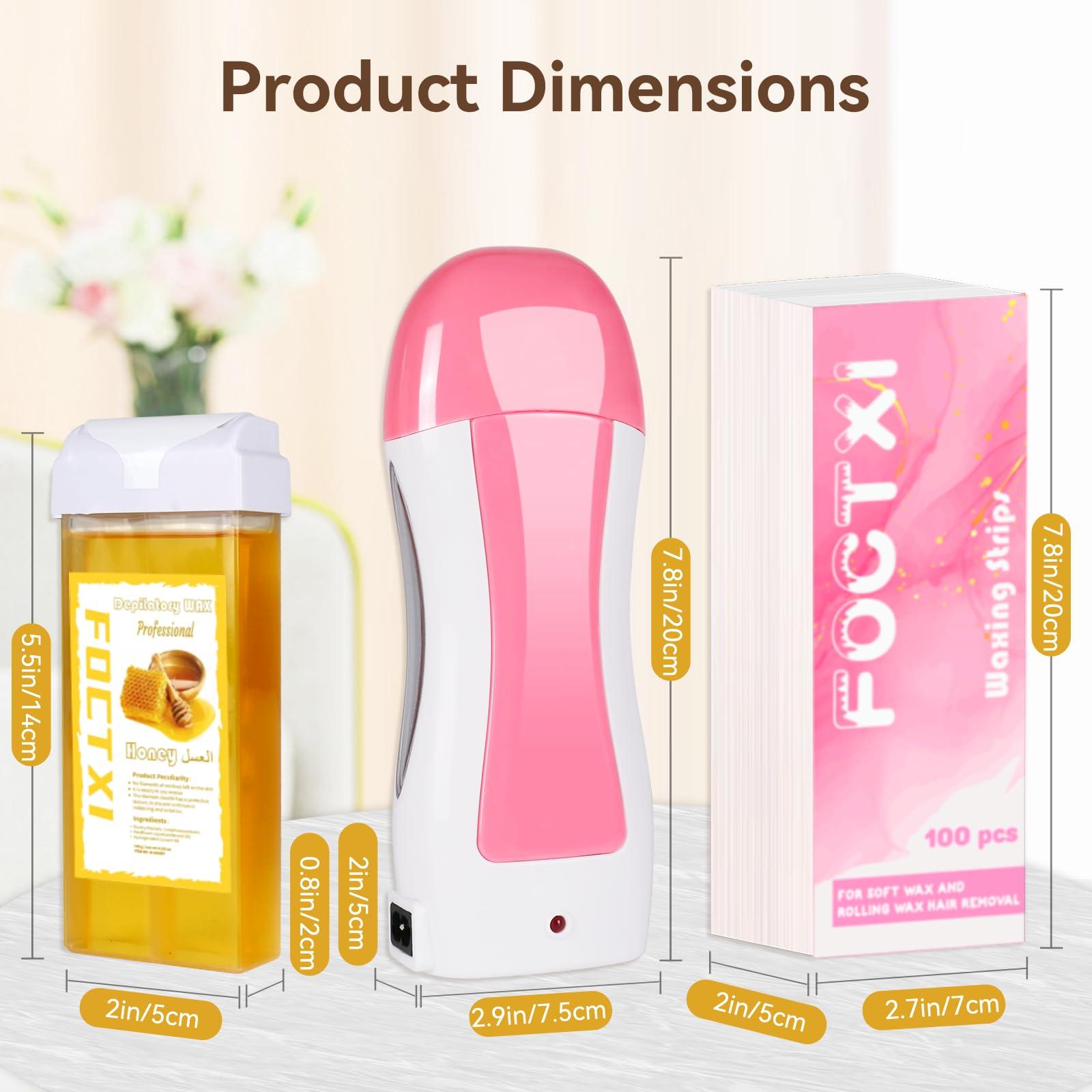 FOCTXI FOCTXI Roll On Waxing Kit for Sensitive Skin - Hair Removal with 2 Honey Soft Wax Cartridges and 100 Non-Woven Wax Strips, 10 Wipes