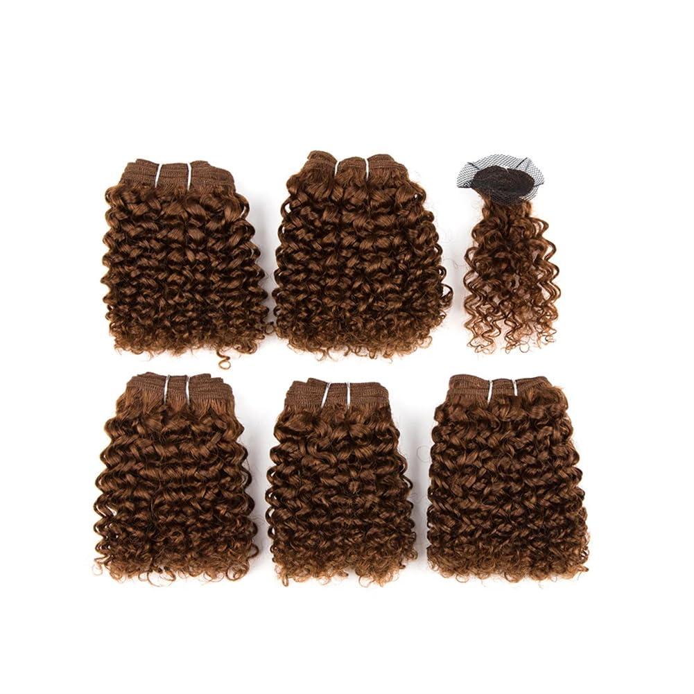 Generic 30# Red Burgundy 99J 5 Bundles Remy Hair Extention Double Drawn Short Indian Kinky Curly Bundles With Clocure #33 6inches#5Pcs/Lot