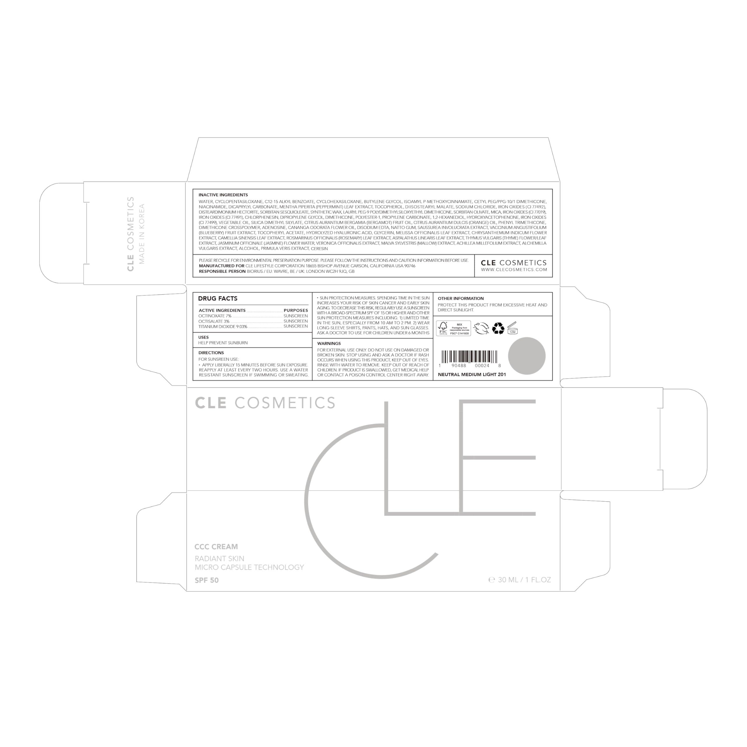 CLE CLE Cosmetics CCC Cream (Neutral Medium Light 201 / SPF 50) - Color Correcting CC Cream with Sunscreen - Lightweight, Hydrating, Light to Medium Coverage Foundation - BB & CC Cream Hybrid - 1 fl oz