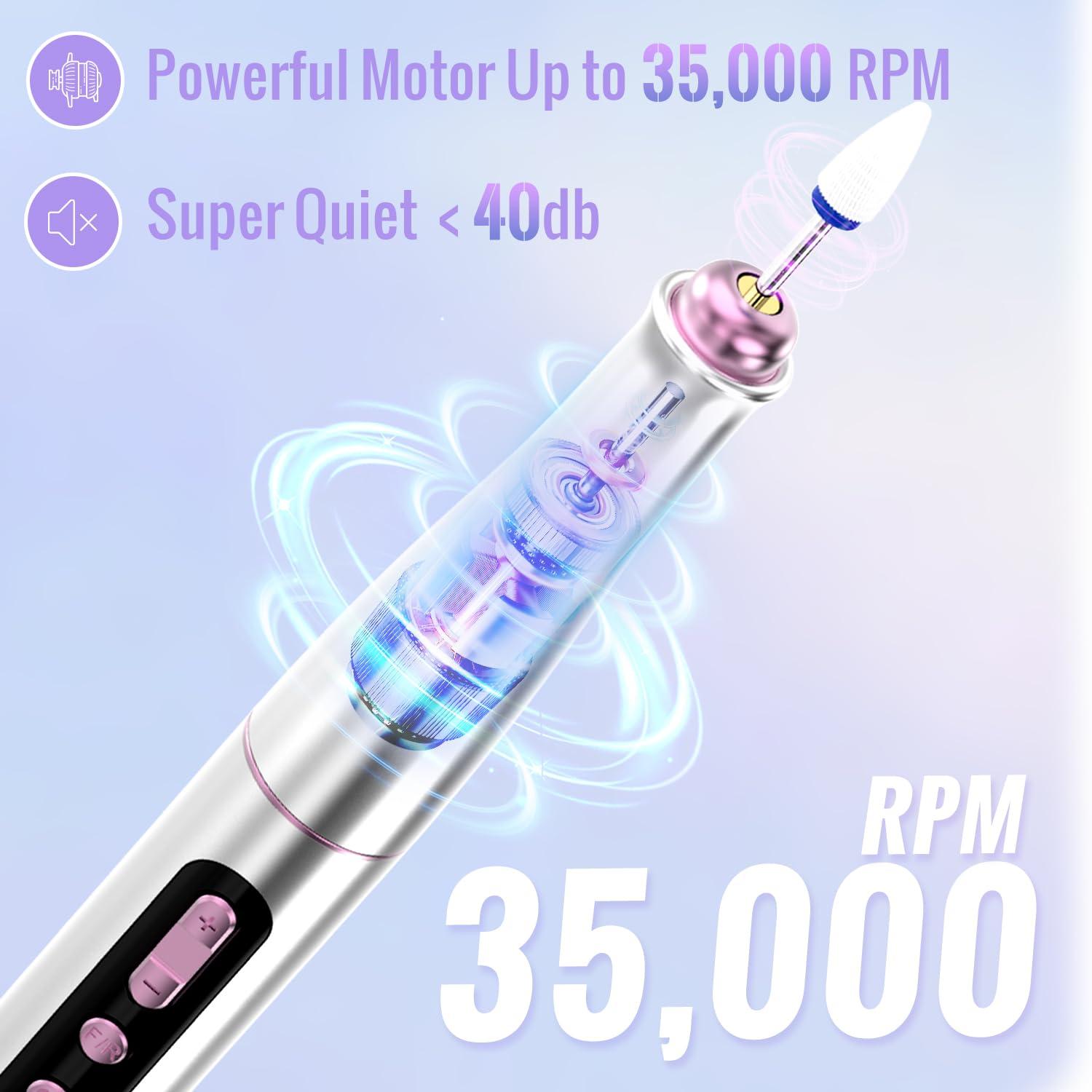 Denabuty Denabuty Cordless Electric Nail Drill Machine, 13 in 1 Nail File Kit 35000RPM Professional Portable Rechargeable E File for Acrylic Polish Gel Removal Manicure Pedicure Set with 5 Speeds DN-2402