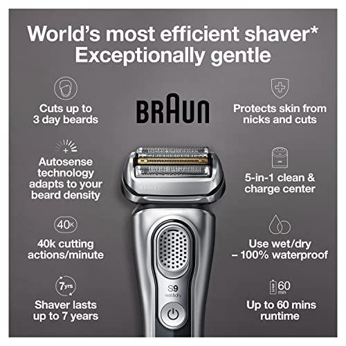 Braun Braun Electric Razor for Men, Waterproof Foil Shaver, Series 9 9390cc, Wet & Dry Shave, With Pop-Up Beard Trimmer for Grooming, Cleaning & Charging SmartCare Center and Leather Travel Case, Silver