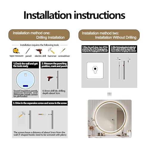 COMPR Mirror with Lights, Led Bathroom Mirror, Led Gold Frame Round Mirror, Wall Mounted Lighted Vanity Mirror, 3 Colors, Memory Function (Color : Gold, Size : 60cm)