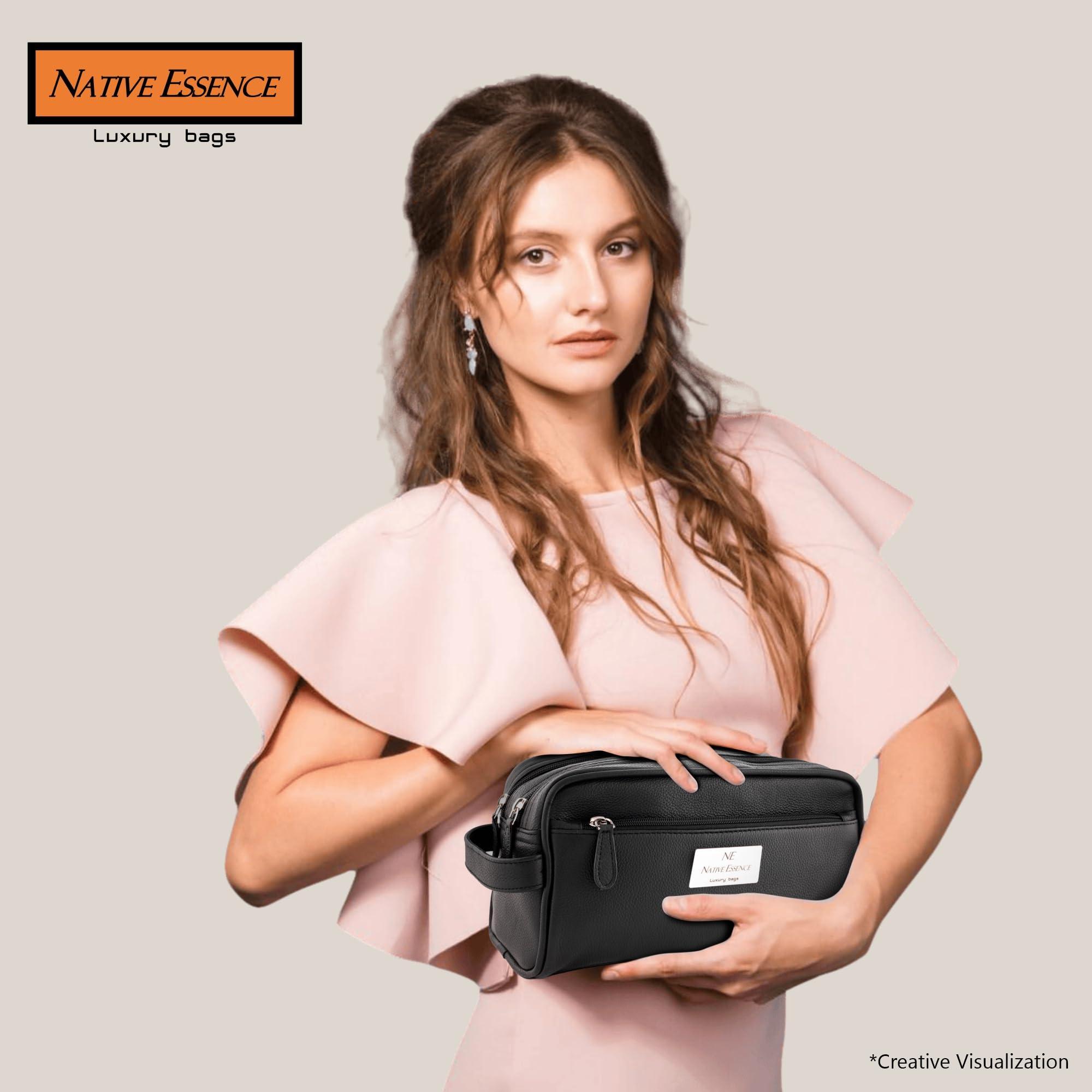 NATIVE ESSENCE Leather Toiletry Bag, Black Genuine Calf Leather Travel Bag, Handmade DOPP Kit for Travel, Cosmetic Pouch, Luxury Shaving Bag, Bathroom Organizer, Stylish Grooming Kit for Men and Women Gift Packed