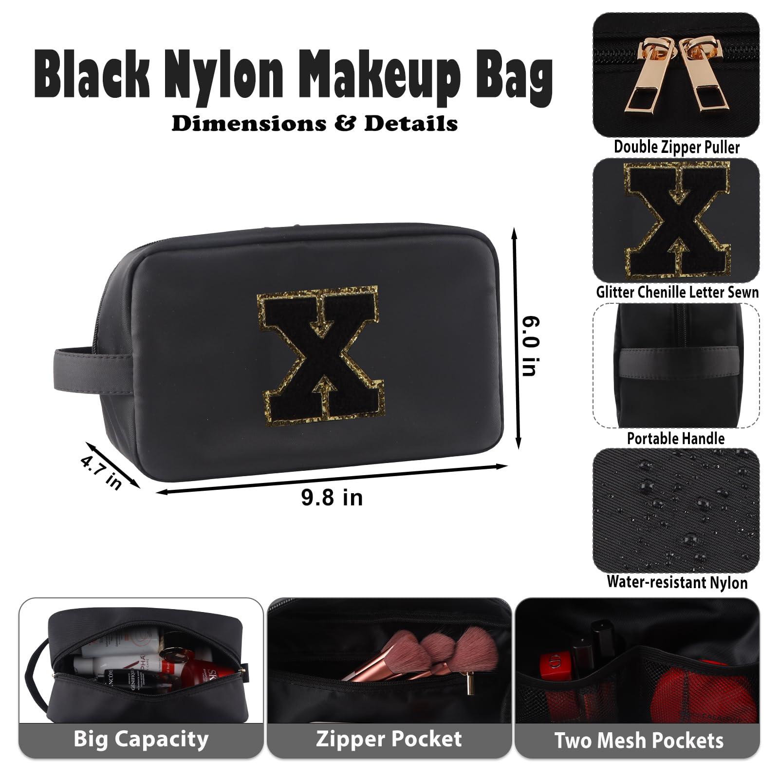 YogoRun YogoRun Initial Makeup Bag for Purse With Glitter Chenille Portable Water-resistant Travel Bags for Toiletries Nylon Cosmetic Bag Pouch for Women (Black-X)