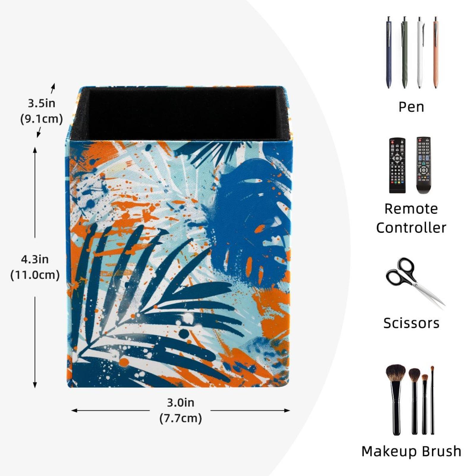 FNETJXF FNETJXF Makeup Brush Holder, Desktop Organizer, Pen Organizer, Orange Blue Tropical Leaves Abstract, Multi-Functional Desktop Organizer