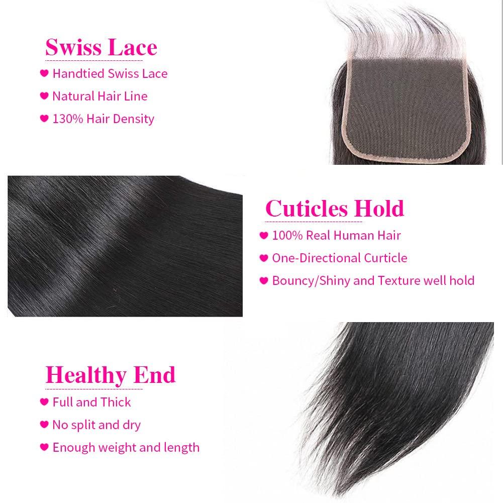 INLUV Straight 4x4 Lace Closure Only Three Part Lace Frontal Closure Unprocessed Brazilian Human Hair Closure HD Transparent Swiss Lace Closure with Baby Hair Natural Black Color (14 inch)
