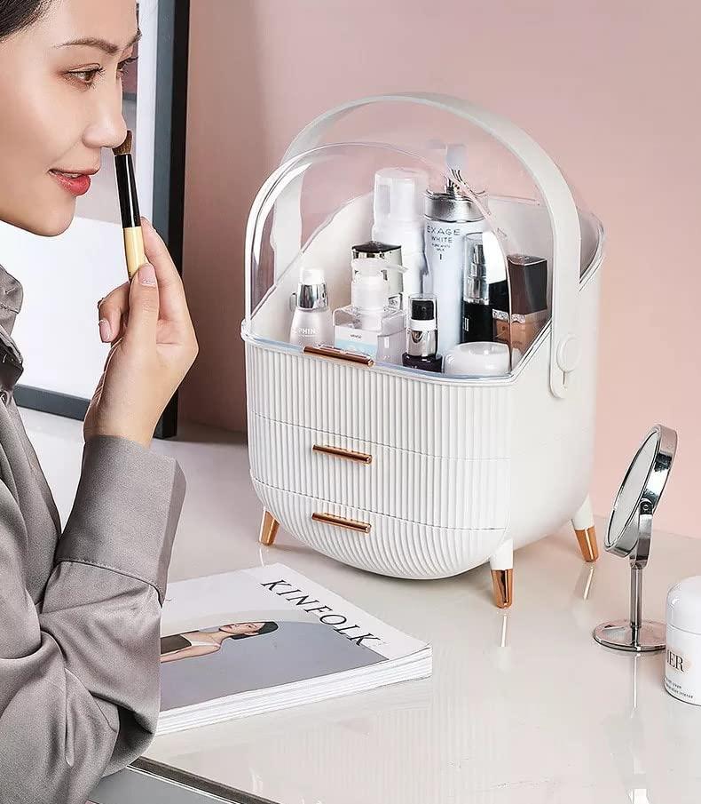 Poshieca Personalized Waterproof Make Up Box Holder Dustproof Skincare Organizer, Bathroom Desktop Cosmetics Storage Box, Luxury Drawer Acrylic Makeup Organizer, Makeup Organizer With Lid (White With Name)
