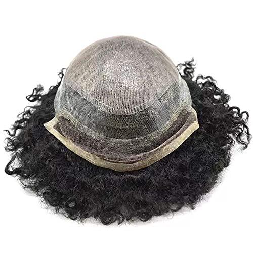 Hair Wonders Hair Wonders Lace Front Afro Toupee for Black Men Kinky Curly Hair Systems for African American Men Injected Breathable Tiny Holes Pu Base Afro Wave Hair Units Durable Non Surgical Hair Replacement Weave Unit for Black Men 8x10 inch Medium Density (1