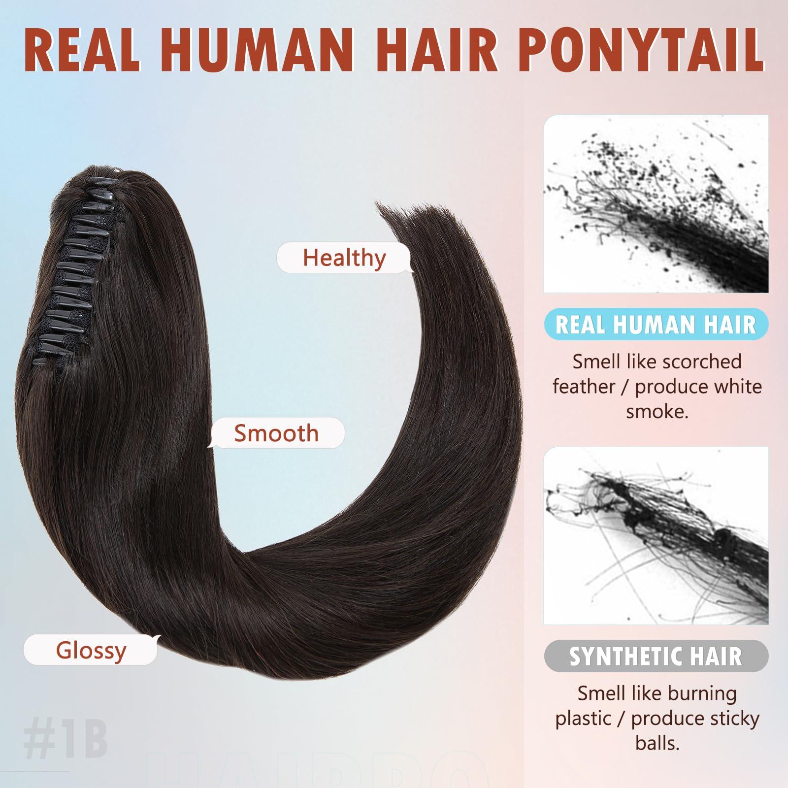 Hairro Hairro Clip On Ponytail Hair Extensions Jaw On Claw Clip Ponytails Real Hair Long Jaw/Claw Pony Tail With Clips Hairpieces For Women 14 Inch 105g 1B Natural Black