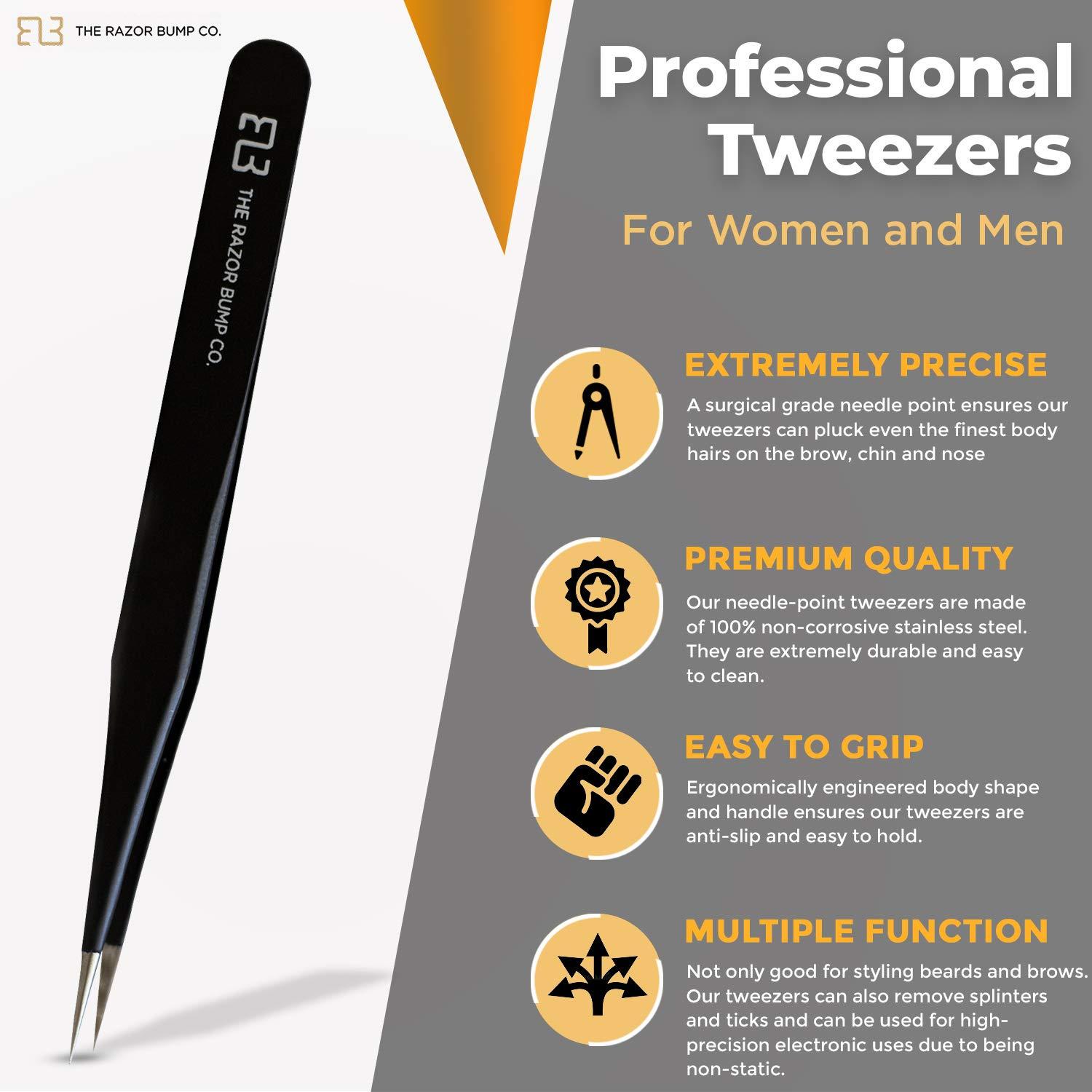 TRBC Tweezers For Ingrown Hair By The Razor Bump Co. | Sharp, Stainless Steel, Surgical | Professional Tweezers For Women and Men | Precision Splinter Remover | Best Facial Hair and Eyebrow Trimmer | Black