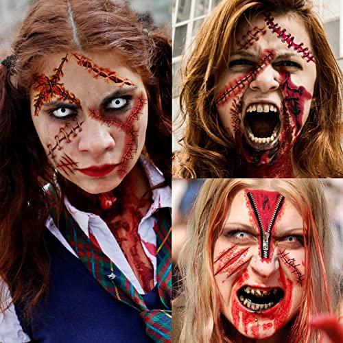 JOEHAPY JOEHAPY 435+ PCS 50 Sheets Halloween Fake Scar Tattoos Sticker, 3D Chucky Stitches Tattoo For Women Men Adult Kids Boys Girls, Fake Blood Wound Cut Zombie Tattoos Halloween Face Makeup Kit Set Decals