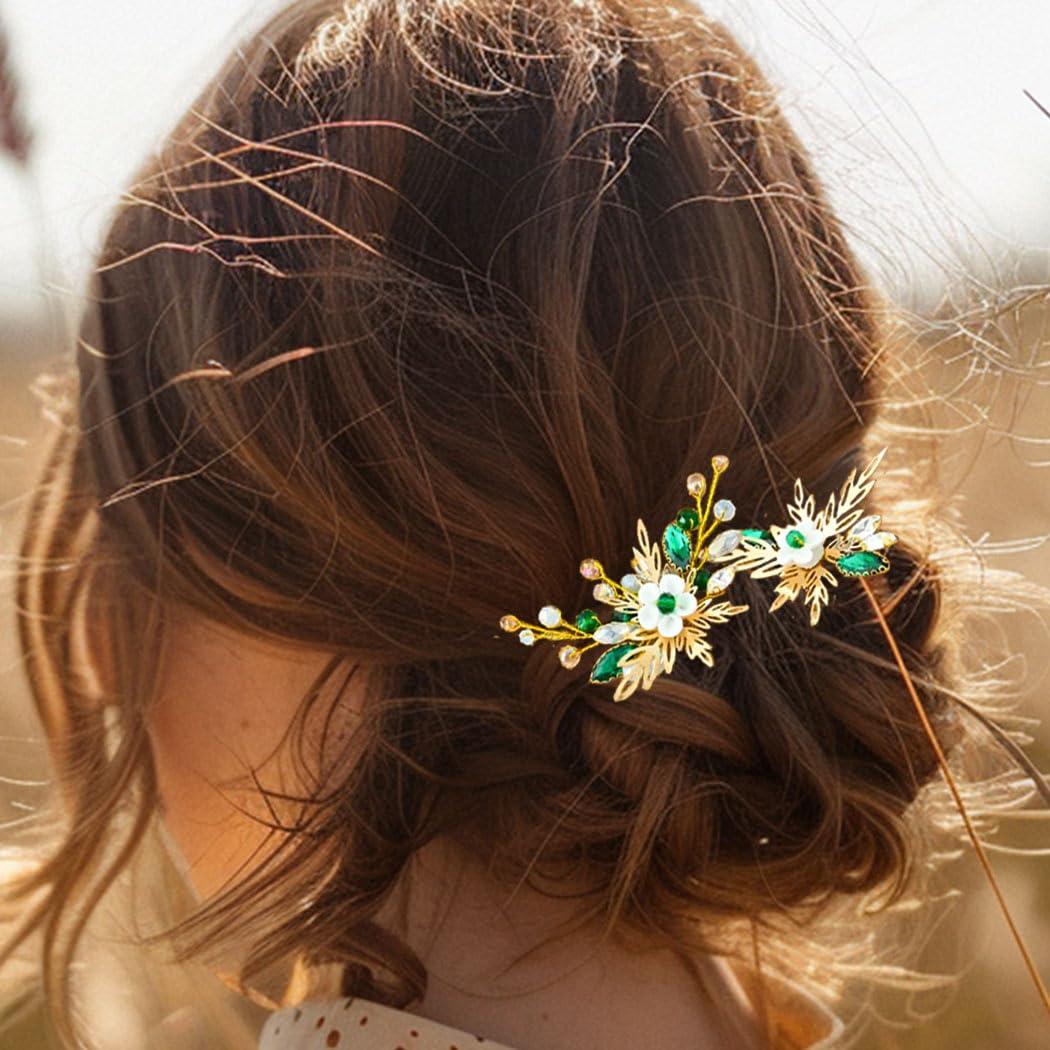 HEREAD Heread Flower Bride Wedding Hair Pins Gold Leaf Bridal Hair Pieces Green Crystal Hair Accessories for Women and Girls