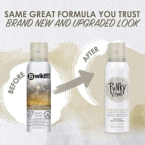Jerome Russell Punky Temporary Hair and Body Glitter Spray, Gold/Silver -Lightweight Shimmery Hairspray for Hair, Skin, and Clothes, Sparkly Glow for Parties & Events, 3.5 oz