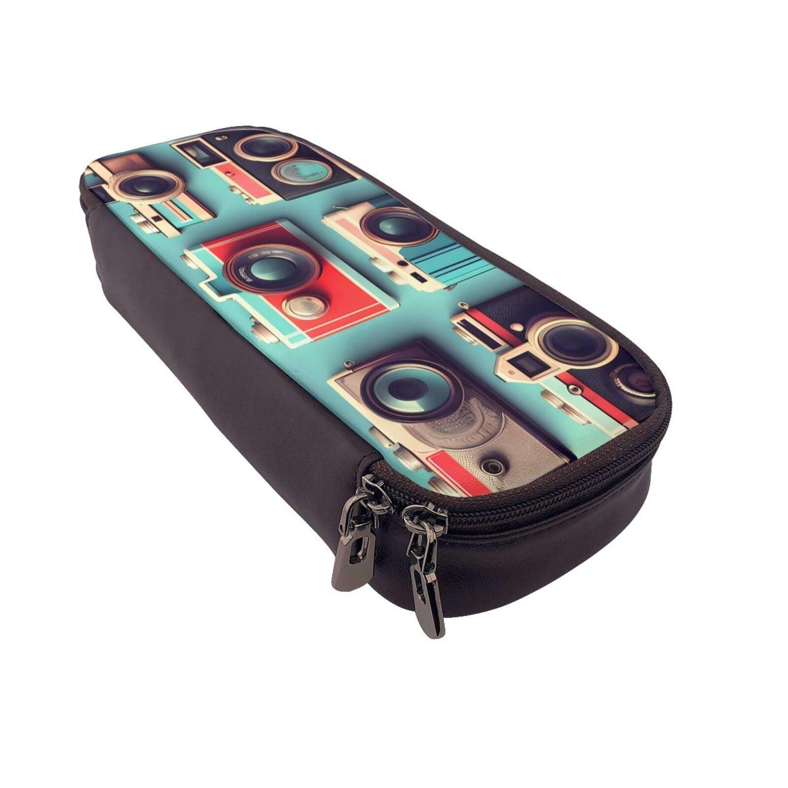 YHBLYKXP YHBLYKXP Retro Cool Camera Collection print Leather Flap Pencil Case,Toiletry Organizer,Zipper Coin Purse, Black
