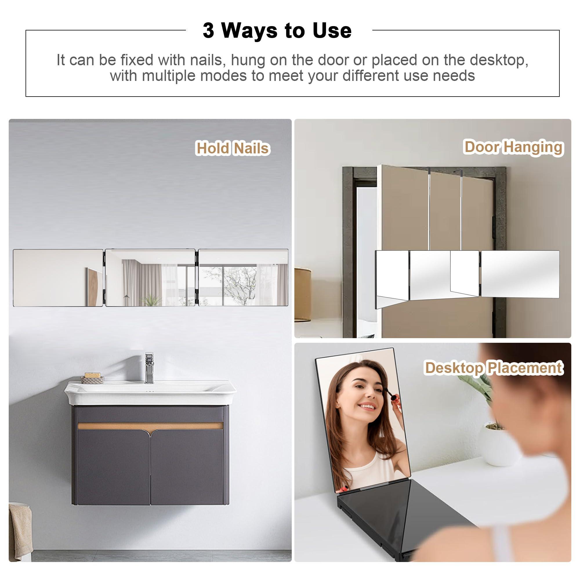 DC DICLASSE 3 Way Haircut Mirror, Three Sided Barber Mirror with Adjustable Telescoping Hooks, 360 Trifold Mirror to See Back of Head for Self Hair Cutting, Makeup, Braiding, Shaver, Hair Dyeing (Black)