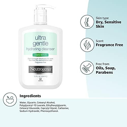 Neutrogena Neutrogena Ultra Gentle Hydrating Facial Cleanser, Non-Foaming Face Wash for Sensitive Skin, Gently Cleanses Face Without Over Drying, Oil-Free, Soap-Free, Fragrance-Free, 12 fl. oz