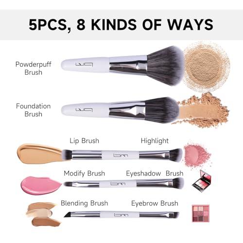 Brush Master Brush Master Travel Makeup Brushes Set w/Pouch, 5PCS Double Ended Portable Mini Cosmetic Brushes Kit for Foundation, Eyeshadow, Lip, Blush Make Up Brushes Professional(White)