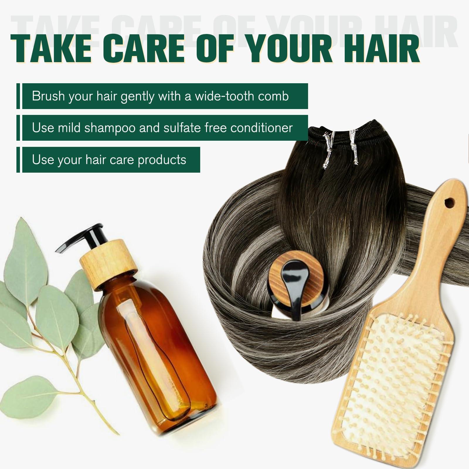 RUNATURE RUNATURE Human Hair Weft Extensions Ombre Black Weft Hair Extensions Human Hair Black to Silver Mix Black Sew in Hair Extensions Real Human Hair Weft Straight Weft Hair Extensions 12 Inch 70g