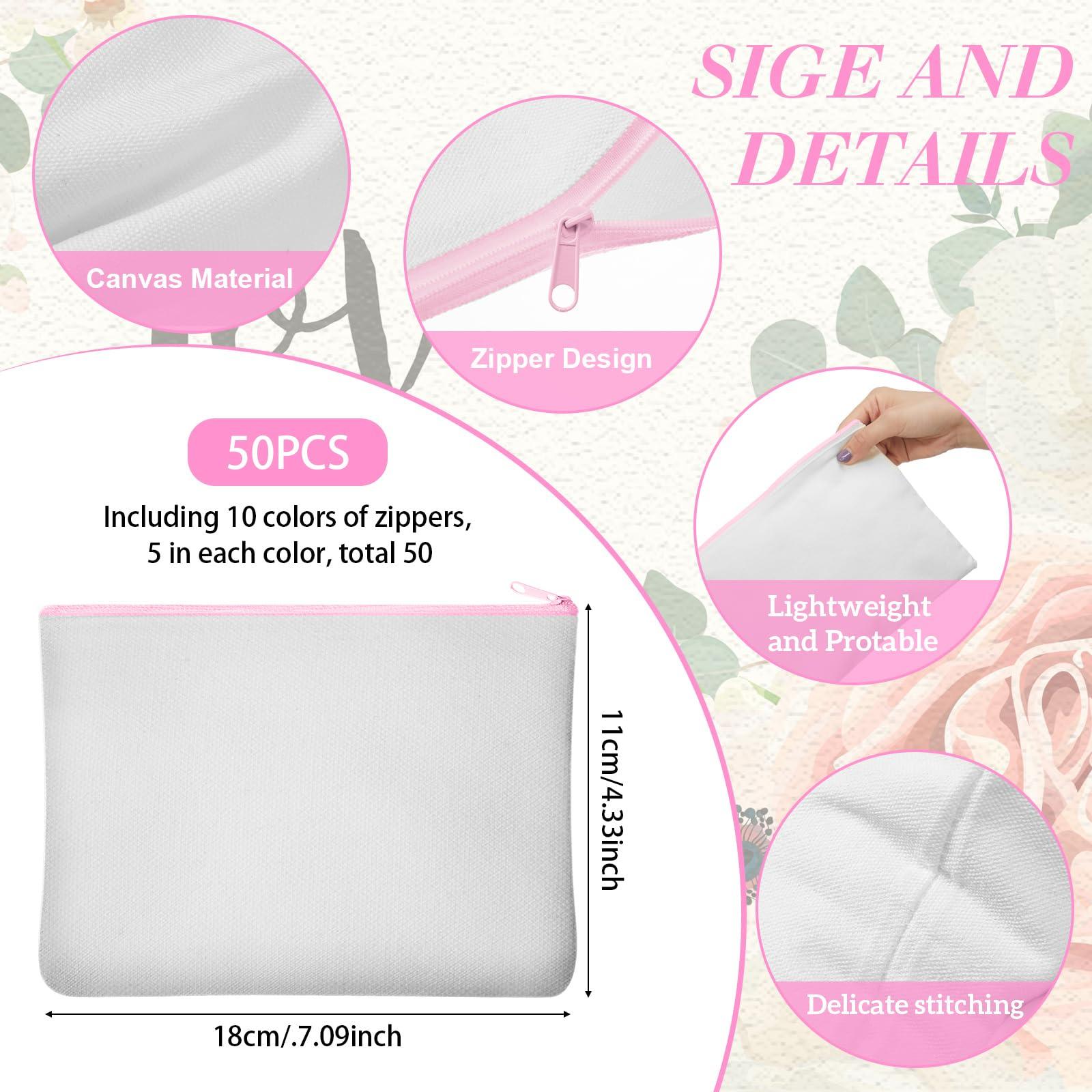Frienda 50 Pieces Sublimation Blank Canvas Makeup Bags Bulk Blank DIY Heat Transfer Cosmetic Makeup Bags Canvas Pen Case Pencil Bags Clear Sublimation Blank Pouch with Zipper (White, Pink,7 x 4.3 Inch)
