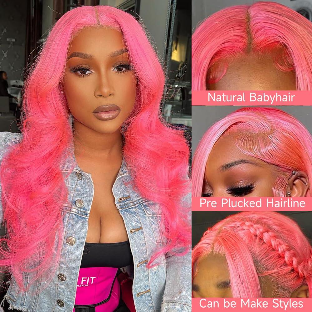 Otinid Pink Lace Front Wig - Human Hair, 13x4 HD Lace Frontal, Pre-Plucked Body Wave, 180% Density, Glueless, 28 Inch