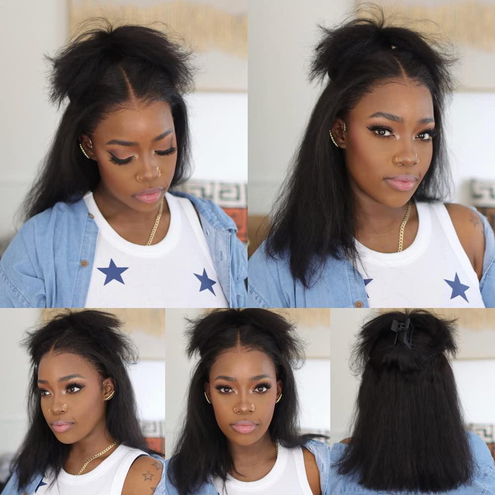 RHAH RHAH Glueless Italian Yaki Straight 13x4 HD Lace Front Wigs for Black Women 10 Inch Kinky Straight Human Hair Bob Wigs with Baby Hair Pre Plucked Bleached Knots 130% Density Free Parting