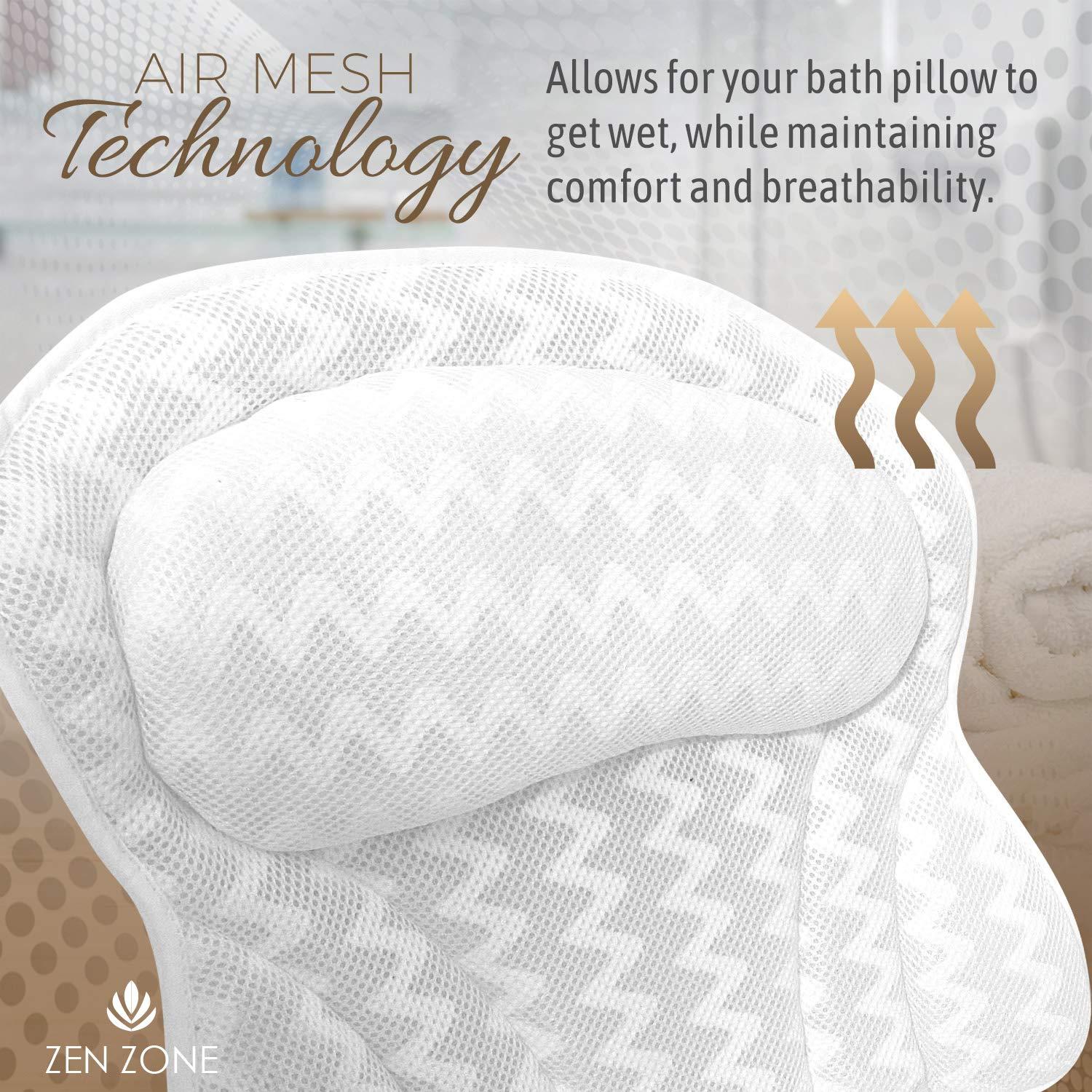 Zen Zone Luxurious Bath Pillow for Tub – Ergonomic Bath Pillow for Neck and Back Support – Bathtub Cushion for a Clean - Breathable Comfort 3D Quilted Mesh – Air Mesh Technology Supports Joints (White)