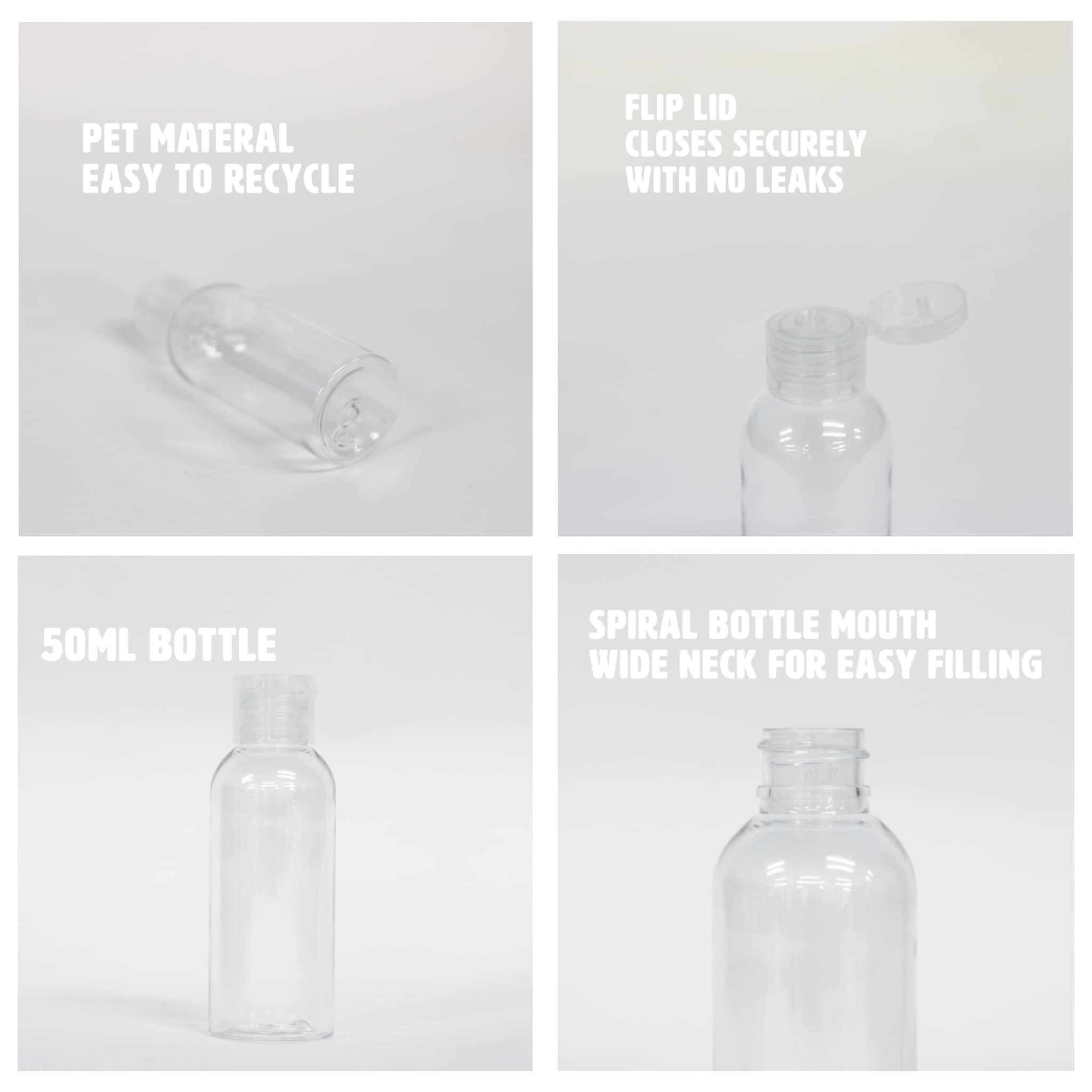 Palm Safe 50ml Plastic Travel Bottles with Flip Cap - 10 Pack