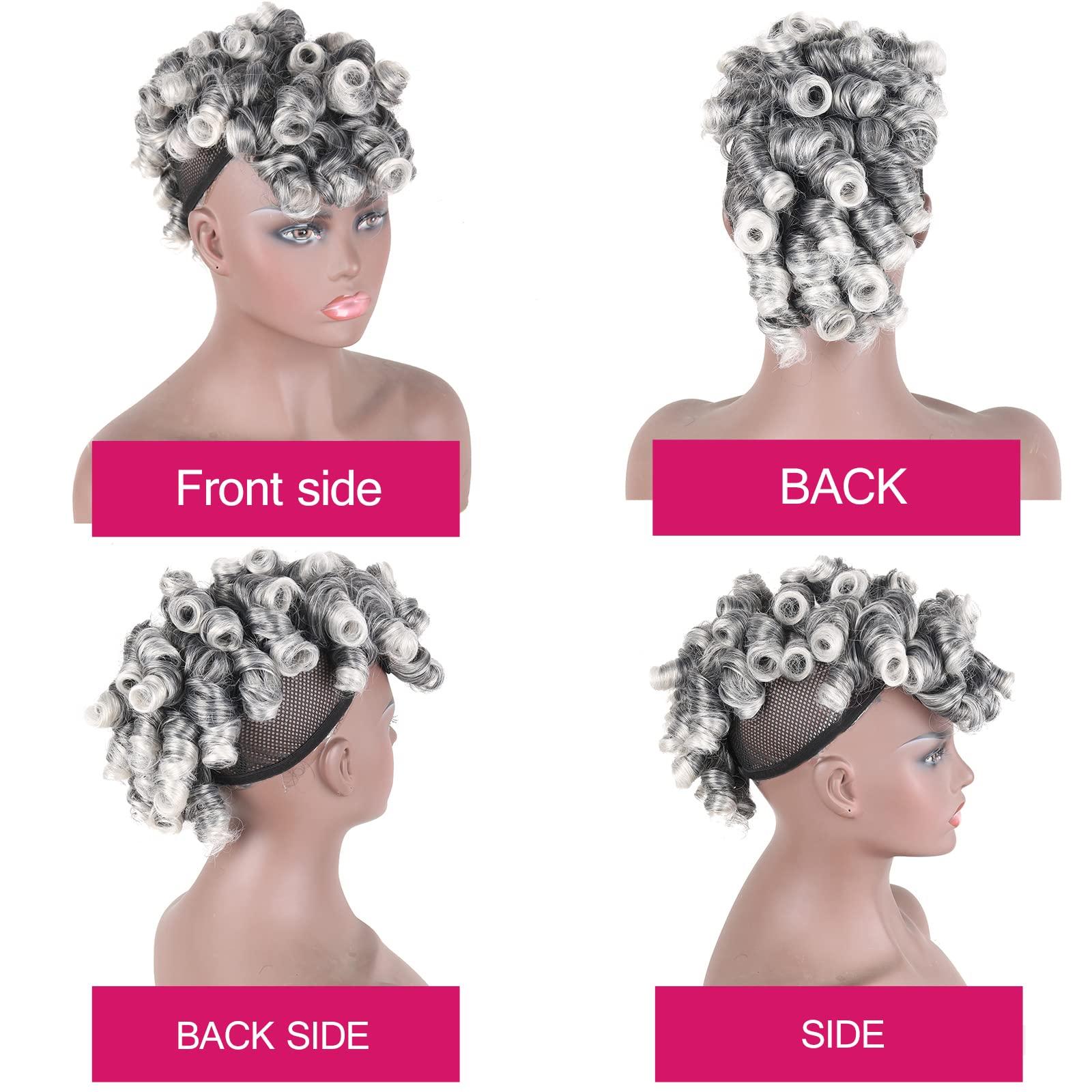 Oseti Oseti Deep Curl Mohawk Wig with Bangs for Black Women Short Mix Gray Hair Wig, Afro Faux Hawk Clip in Hair Pieces for Women with Thinning Hair wig Clip on Faux Bangs Fake Hair Ponytail (1B/Gray)