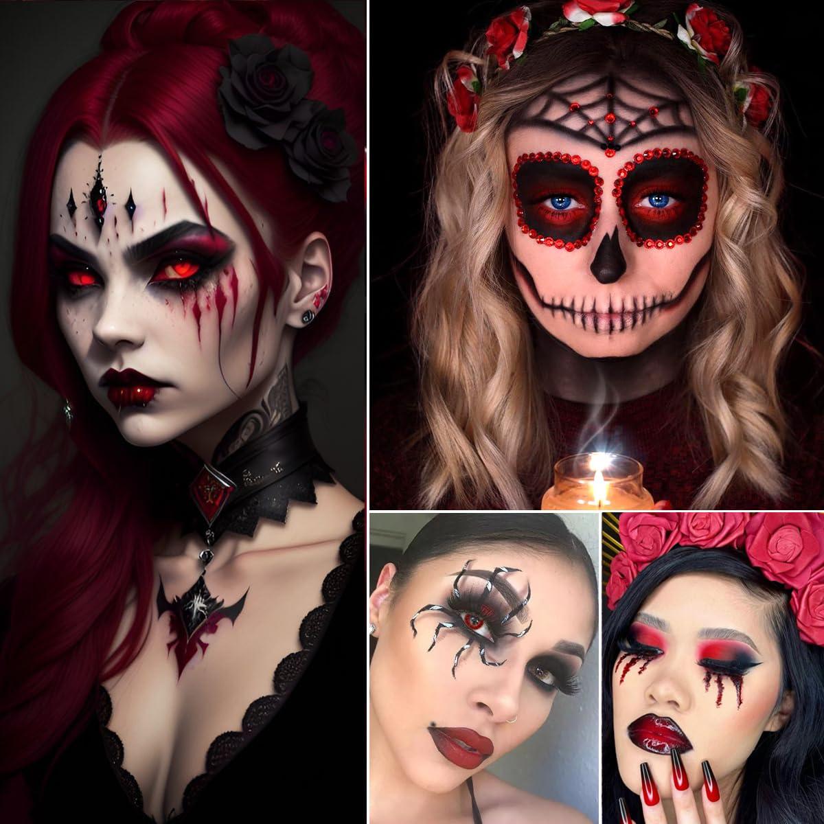 La Catrina Black Red Eyeshadow Palette, Highly Pigmented True Red White Dark Grey Goth Smoky Eyeshadow Palette, 6 Color Matte Shimmer Burgundy Metallic Halloween Makeup Palette for Zombie Vampire Clown,Blendable