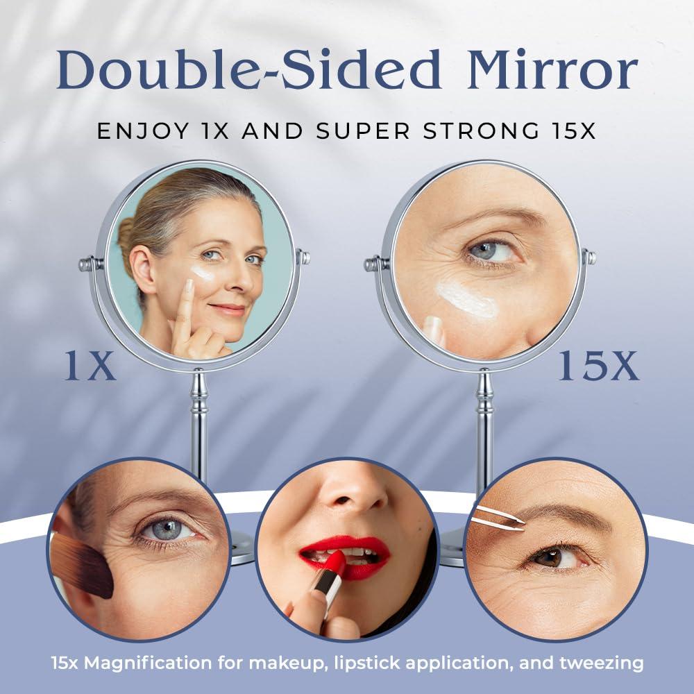 MIRRORVANA MIRRORVANA 15X Magnifying Makeup Mirror with Stand - Double-Sided 15X/1X Design - Suitable for Vanity Desk, Dressing Table, or Bathroom Countertop for Precise Make Up - 12\" High x 6\" Wide (Chrome)