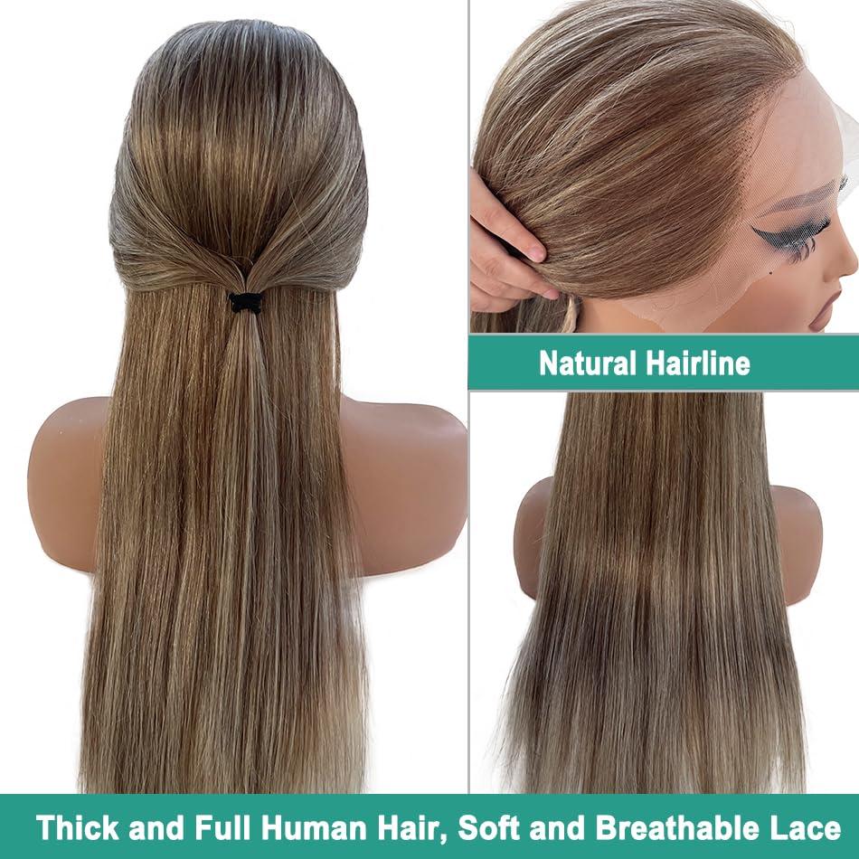 Munx Highlight Straight Lace Front Wigs Human Hair, Pre Plucked Ombre Brown 13x4 HD Transparent Lace Front Wigs Balayage Chestnut Brown Mixed Blonde 180% Density Full Frontal Wigs Long 32in